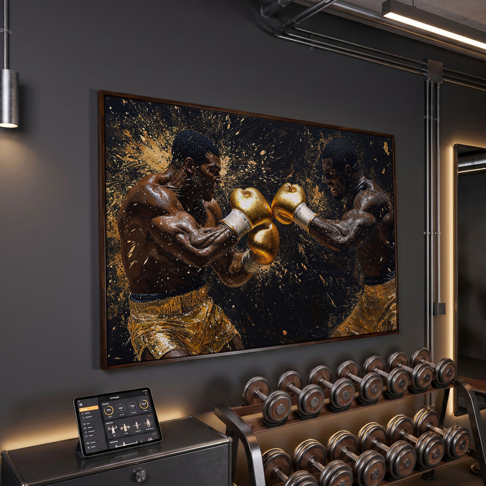 Boxing Legends Gold and Black Canvas Art in dark walnut floating frame
