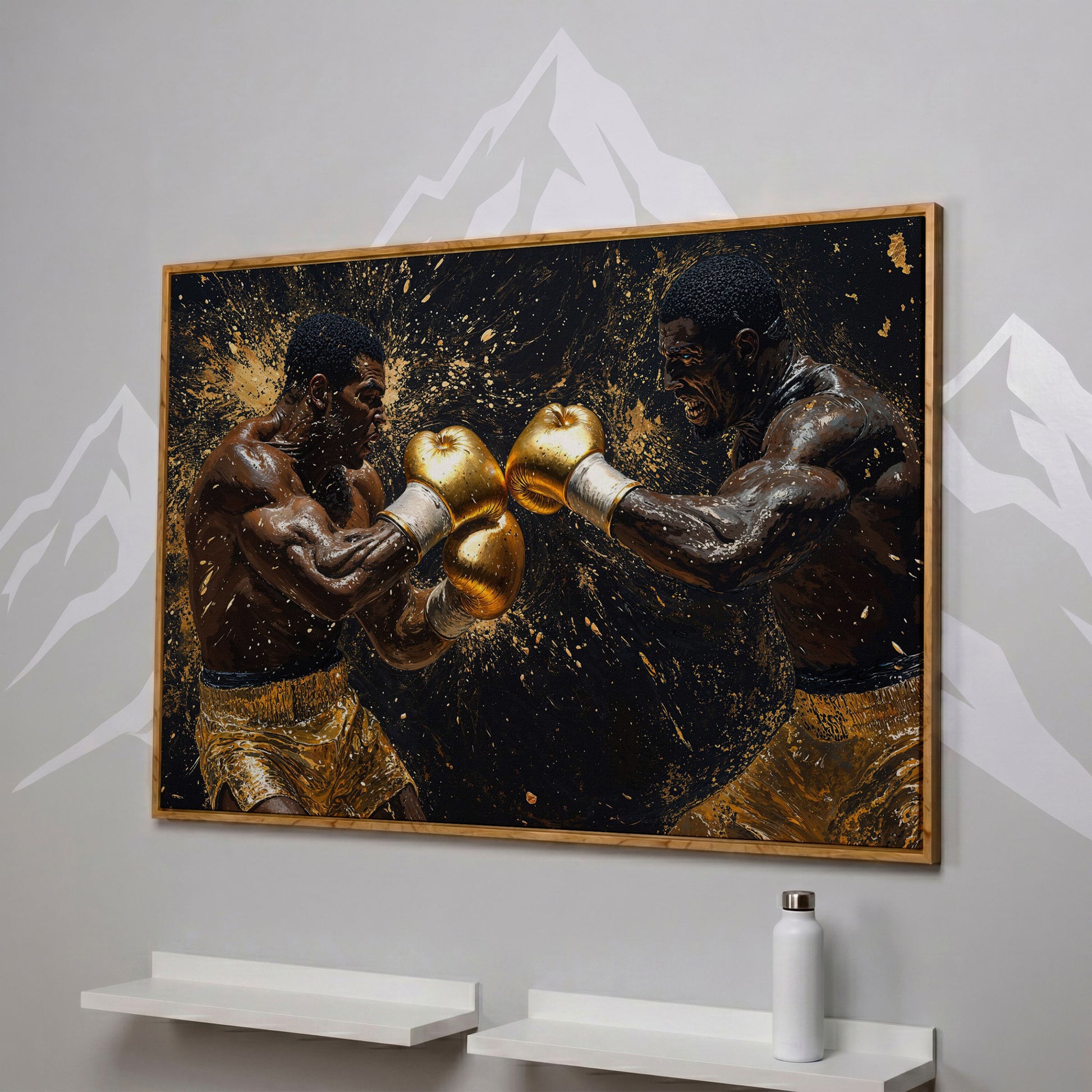 Boxing Legends Gold and Black Canvas Art in white oak floating frame