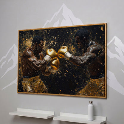 Boxing Legends Gold and Black Canvas Art in white oak floating frame