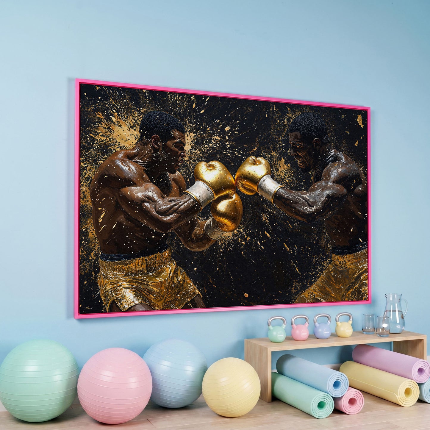 Boxing Legends Gold and Black Canvas Art in pink floating frame