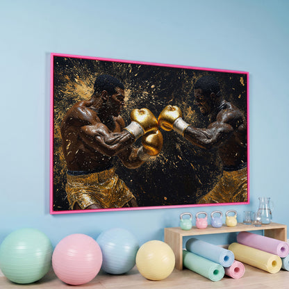 Boxing Legends Gold and Black Canvas Art in pink floating frame