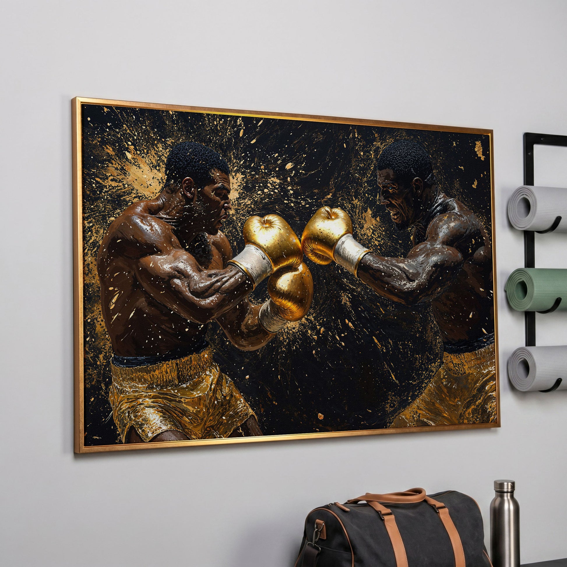 Boxing Legends Gold and Black Canvas Art in rose gold floating frame