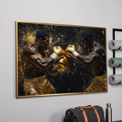 Boxing Legends Gold and Black Canvas Art in rose gold floating frame