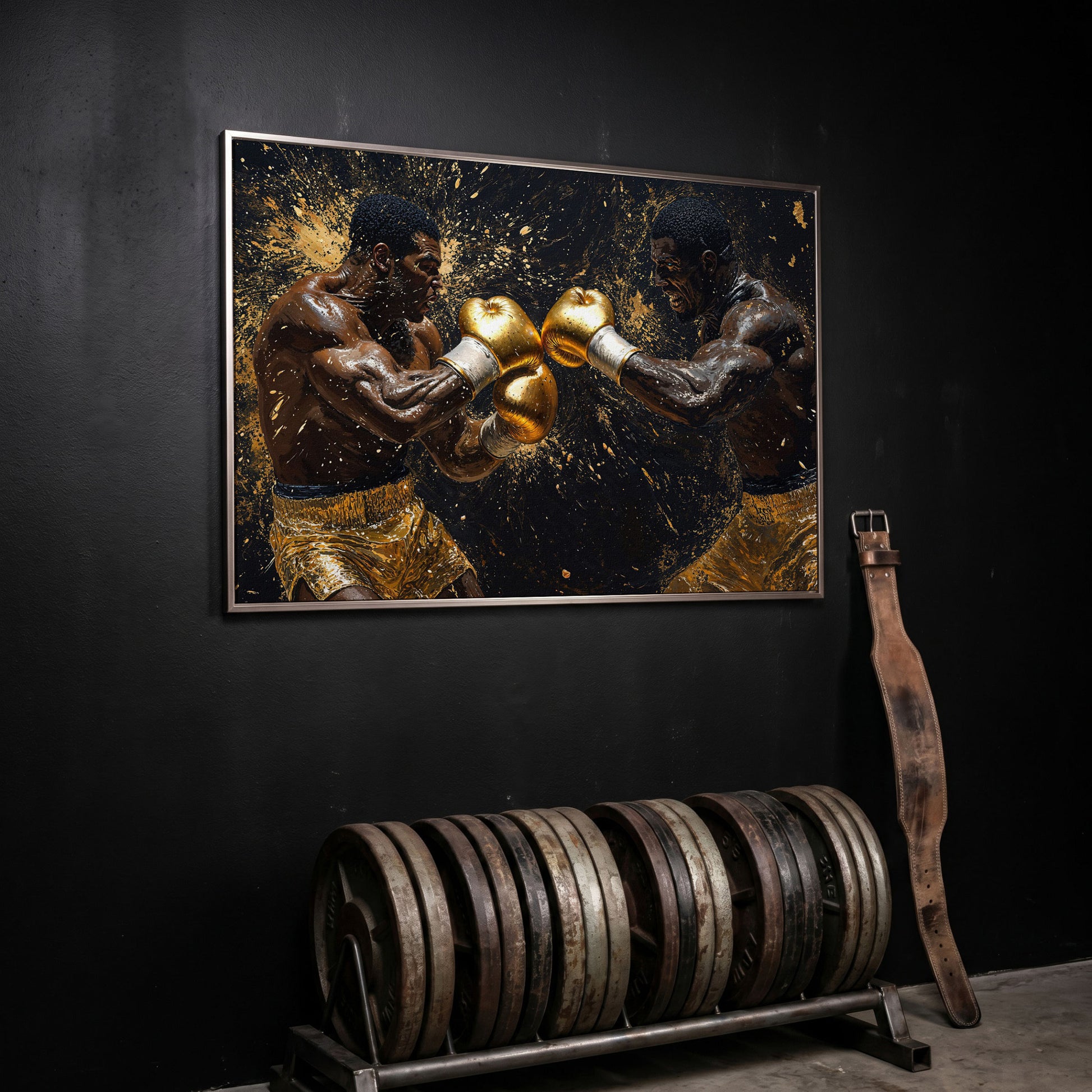 Boxing Legends Gold and Black Canvas Art in silver floating frame
