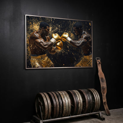 Boxing Legends Gold and Black Canvas Art in silver floating frame