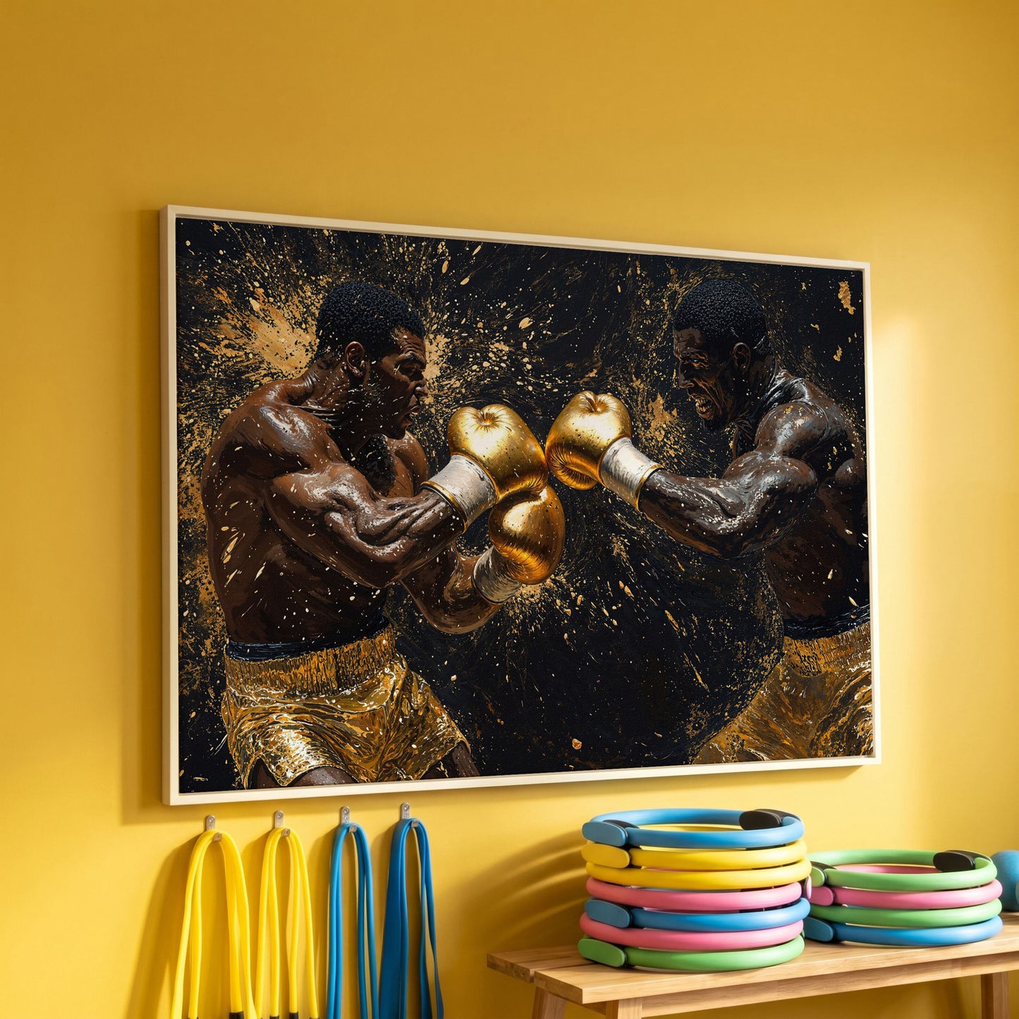 Boxing Legends Gold and Black Canvas Art in white floating frame
