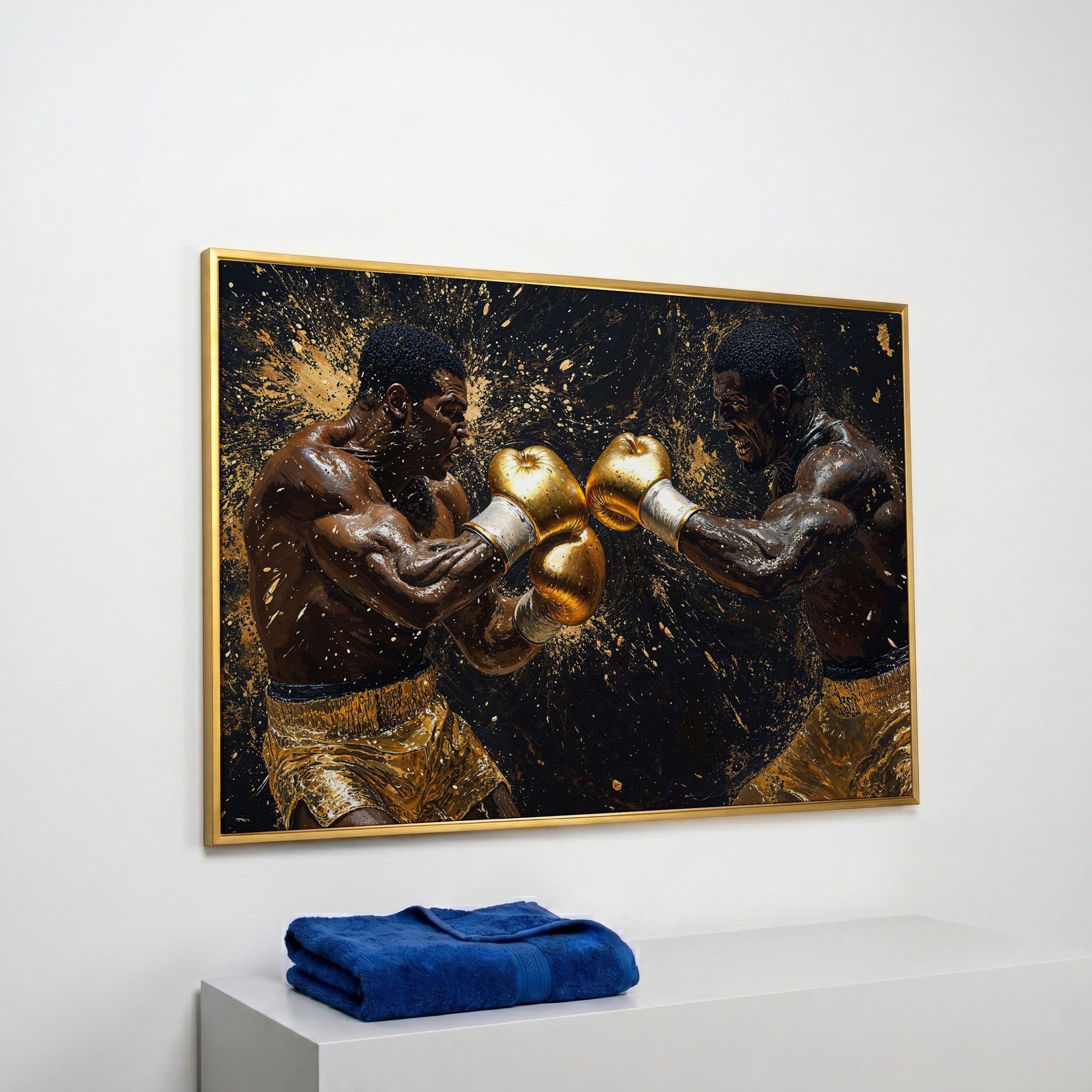 Boxing Legends Gold and Black Canvas Art in yellow gold floating frame