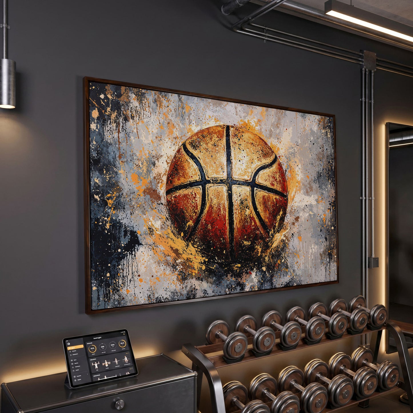 Abstract Basketball Canvas Print in dark walnut floating frame