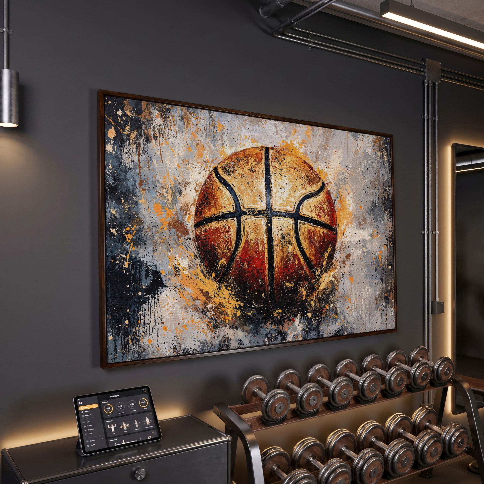 Abstract Basketball Canvas Print in dark walnut floating frame