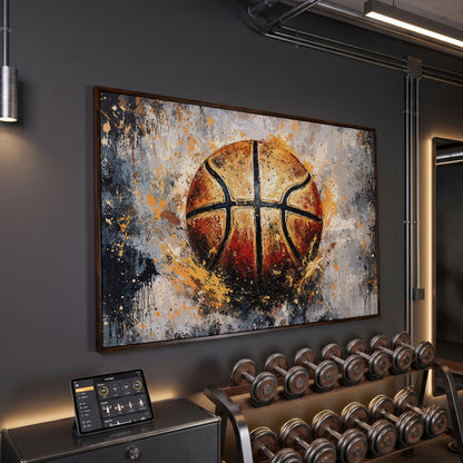 Abstract Basketball Canvas Print in dark walnut floating frame