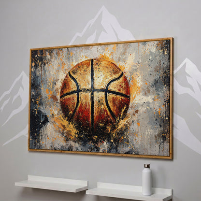 Abstract Basketball Canvas Print in white oak floating frame
