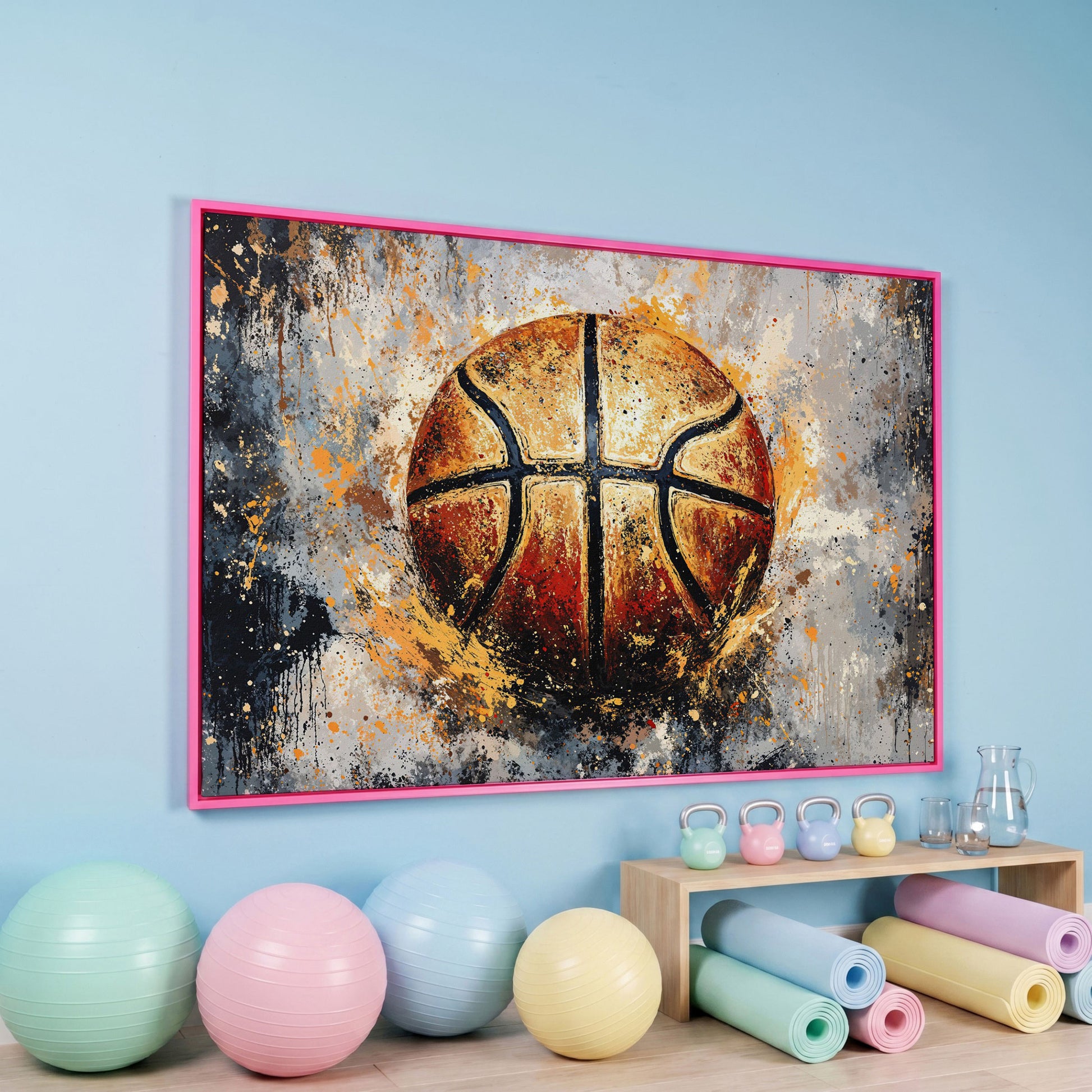 Abstract Basketball Canvas Print in pink floating frame