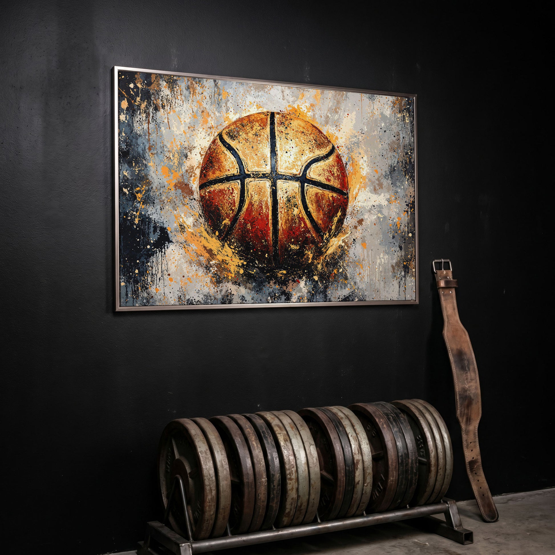 Abstract Basketball Canvas Print in silver floating frame