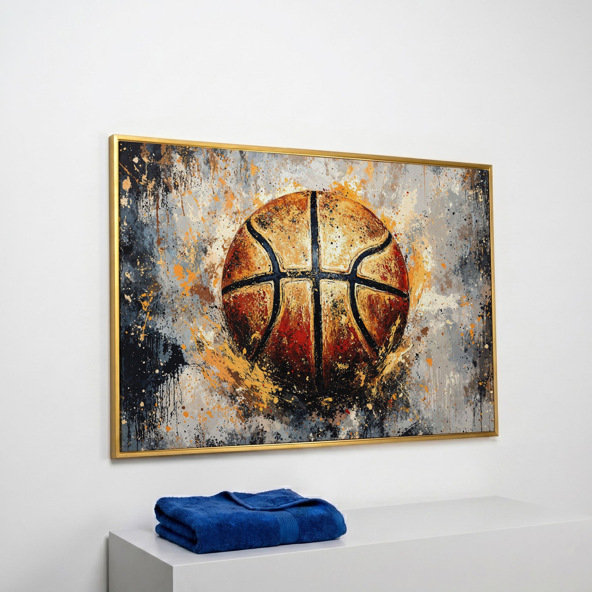 Abstract Basketball Canvas Print in yellow gold floating frame