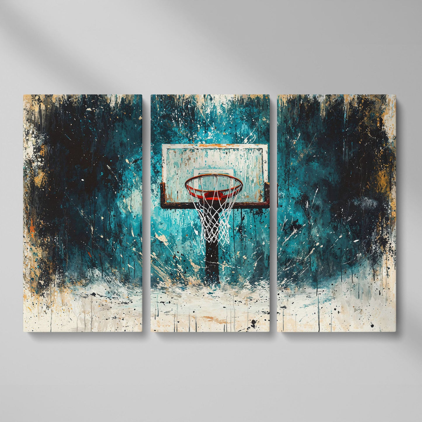 Basketball Hoop Splatter Canvas - Teal & Orange Sports Art as 3-panel split version
