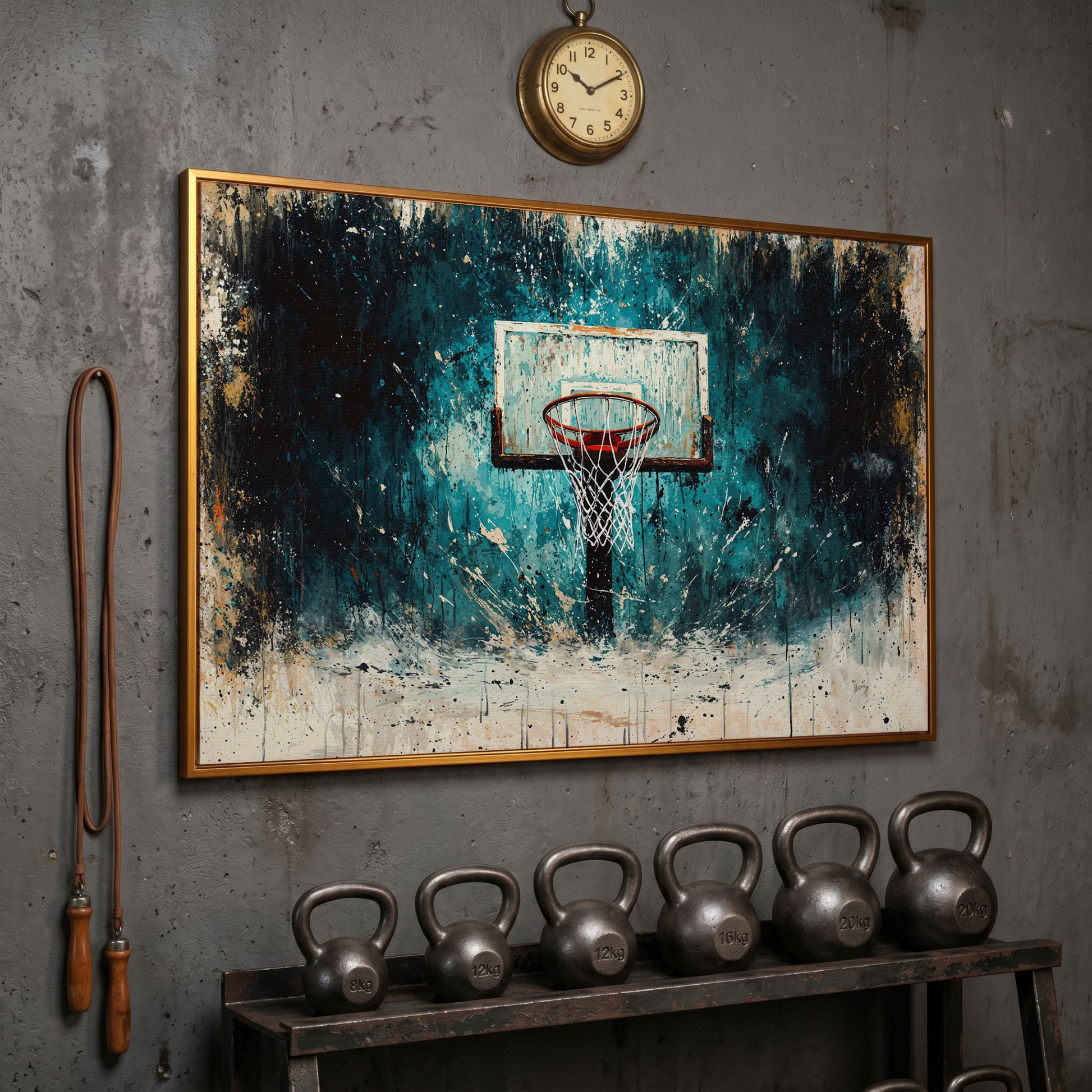 Basketball Hoop Splatter Canvas - Teal & Orange Sports Art in antique gold floating frame