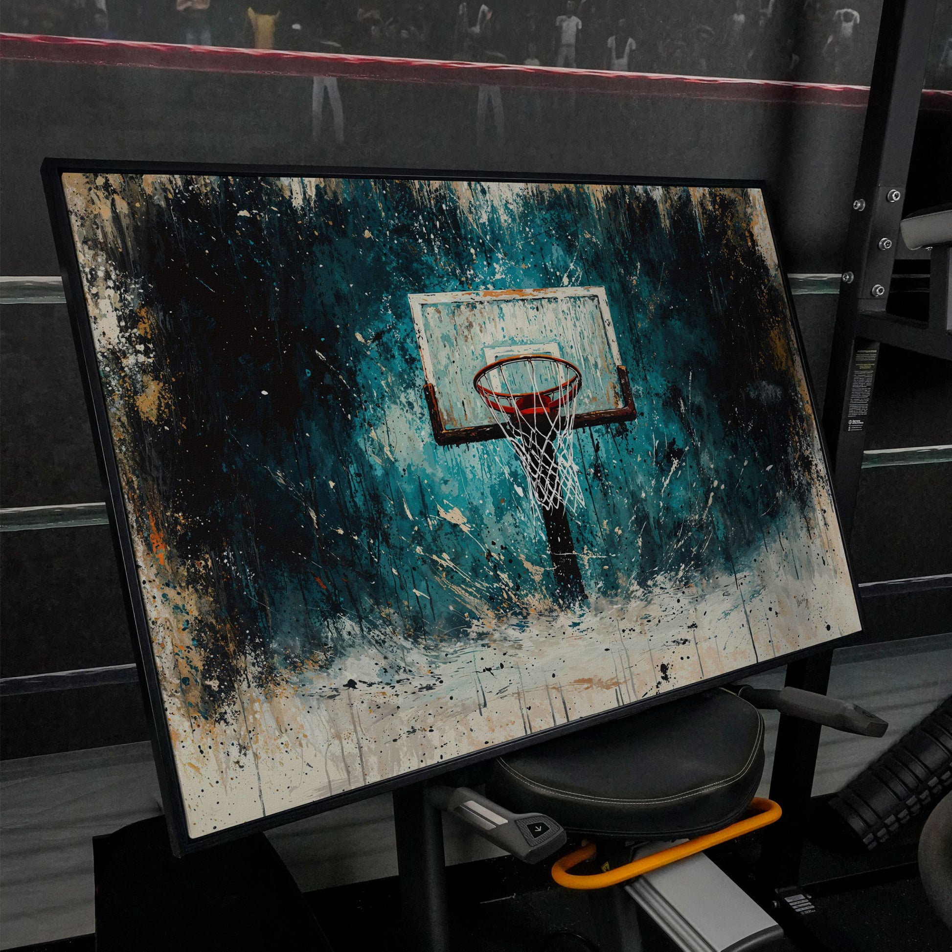 Basketball Hoop Splatter Canvas - Teal & Orange Sports Art in black floating frame