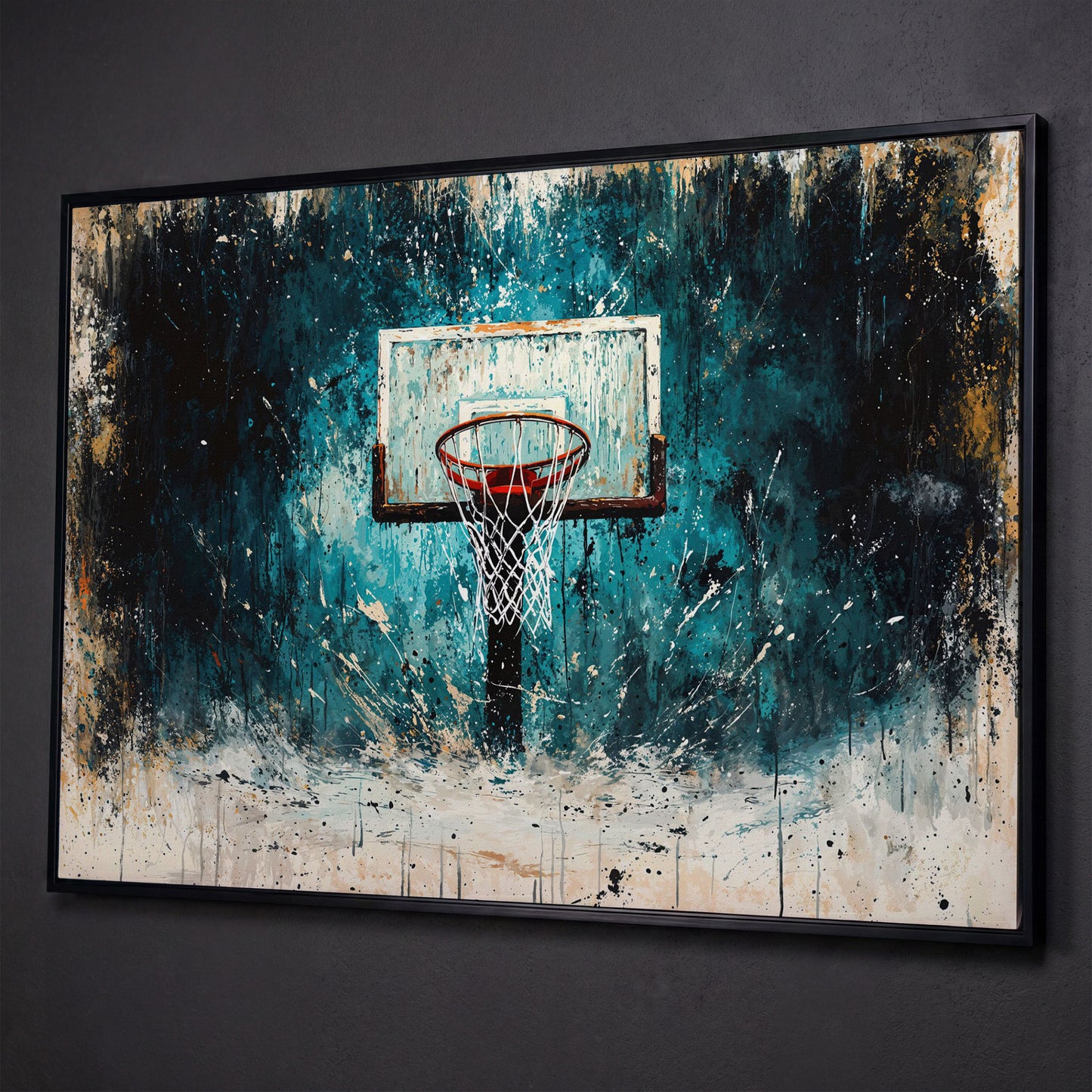 Basketball Hoop Splatter Canvas - Teal & Orange Sports Art shown in black floating frame