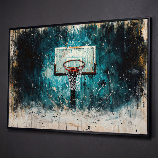Basketball Hoop Splatter Canvas - Teal & Orange Sports Art shown in black floating frame