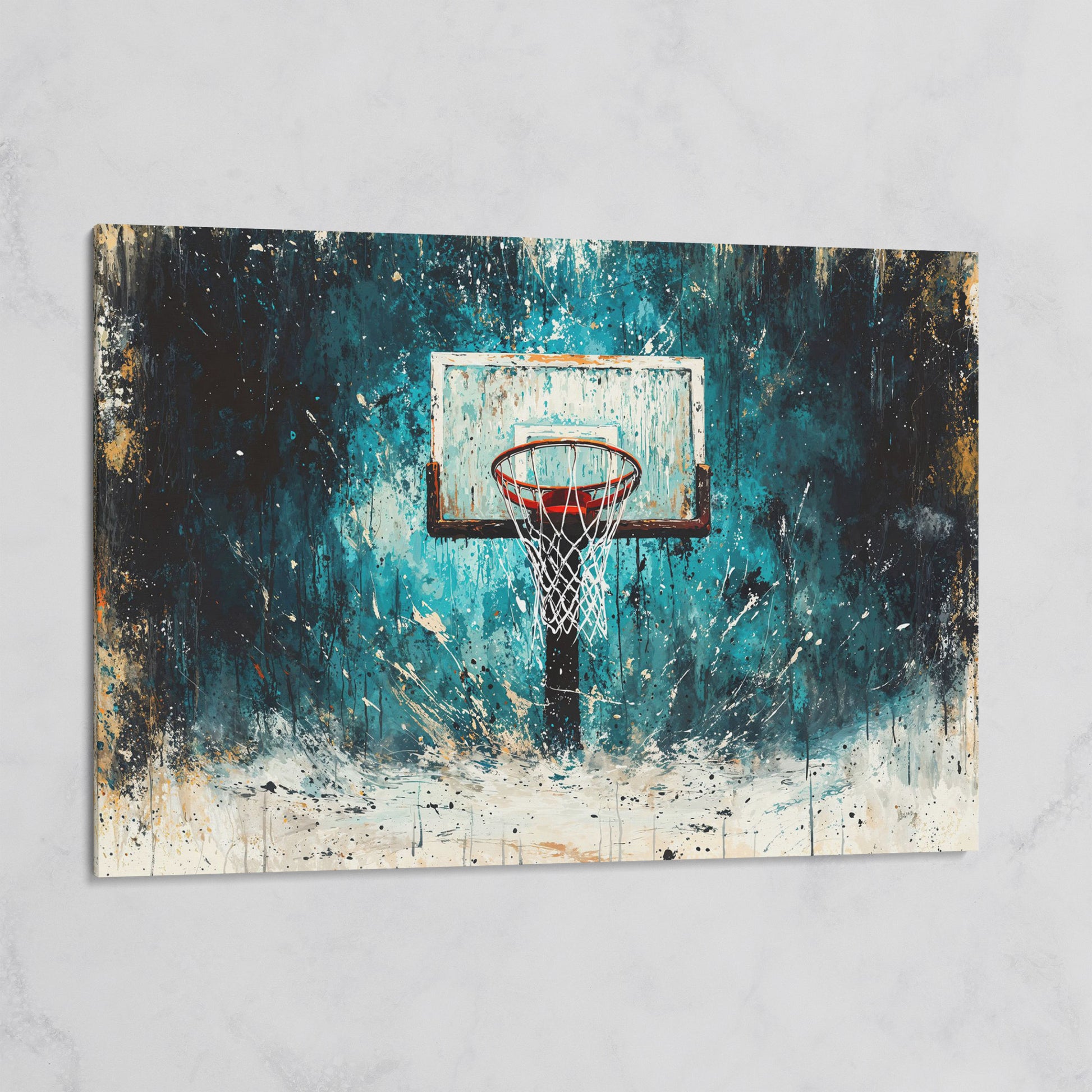 Basketball Hoop Splatter Canvas - Teal & Orange Sports Art on gallery wrap