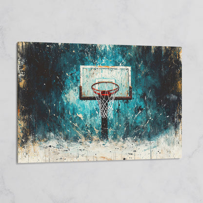 Basketball Hoop Splatter Canvas - Teal & Orange Sports Art on gallery wrap