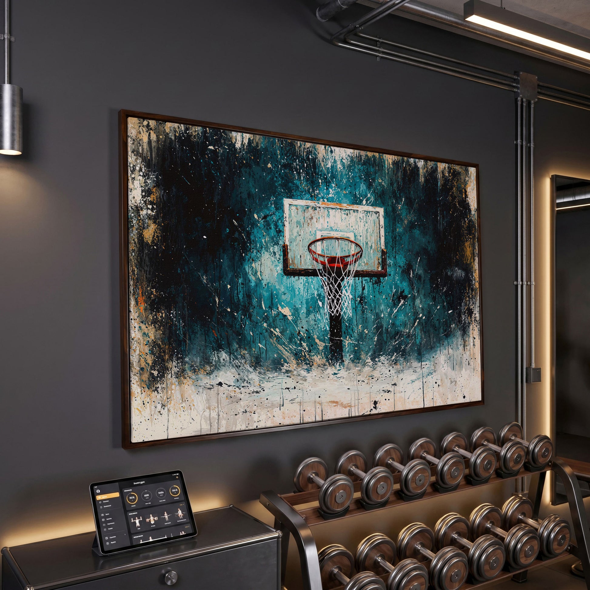 Basketball Hoop Splatter Canvas - Teal & Orange Sports Art in dark walnut floating frame