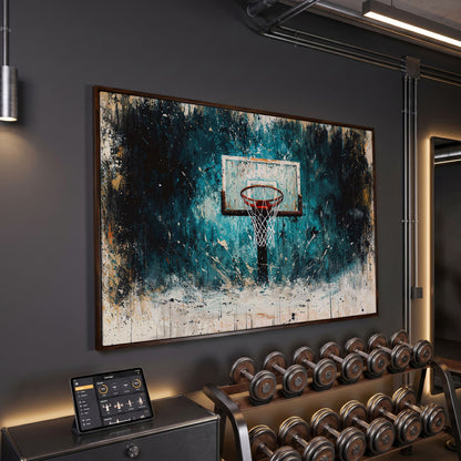 Basketball Hoop Splatter Canvas - Teal & Orange Sports Art in dark walnut floating frame
