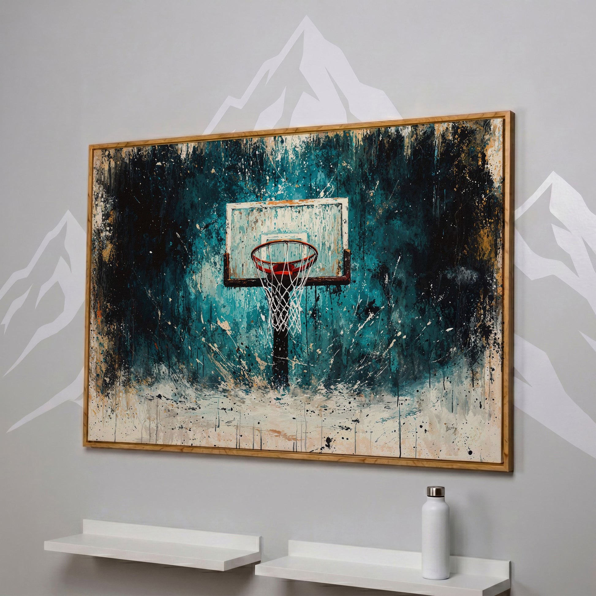 Basketball Hoop Splatter Canvas - Teal & Orange Sports Art in white oak floating frame