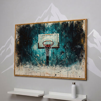 Basketball Hoop Splatter Canvas - Teal & Orange Sports Art in white oak floating frame