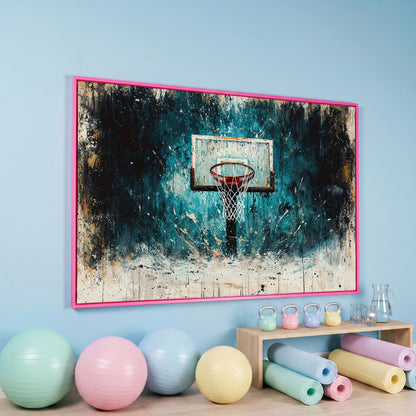 Basketball Hoop Splatter Canvas - Teal & Orange Sports Art in pink floating frame