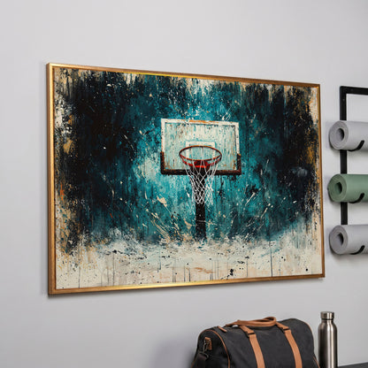 Basketball Hoop Splatter Canvas - Teal & Orange Sports Art in rose gold floating frame