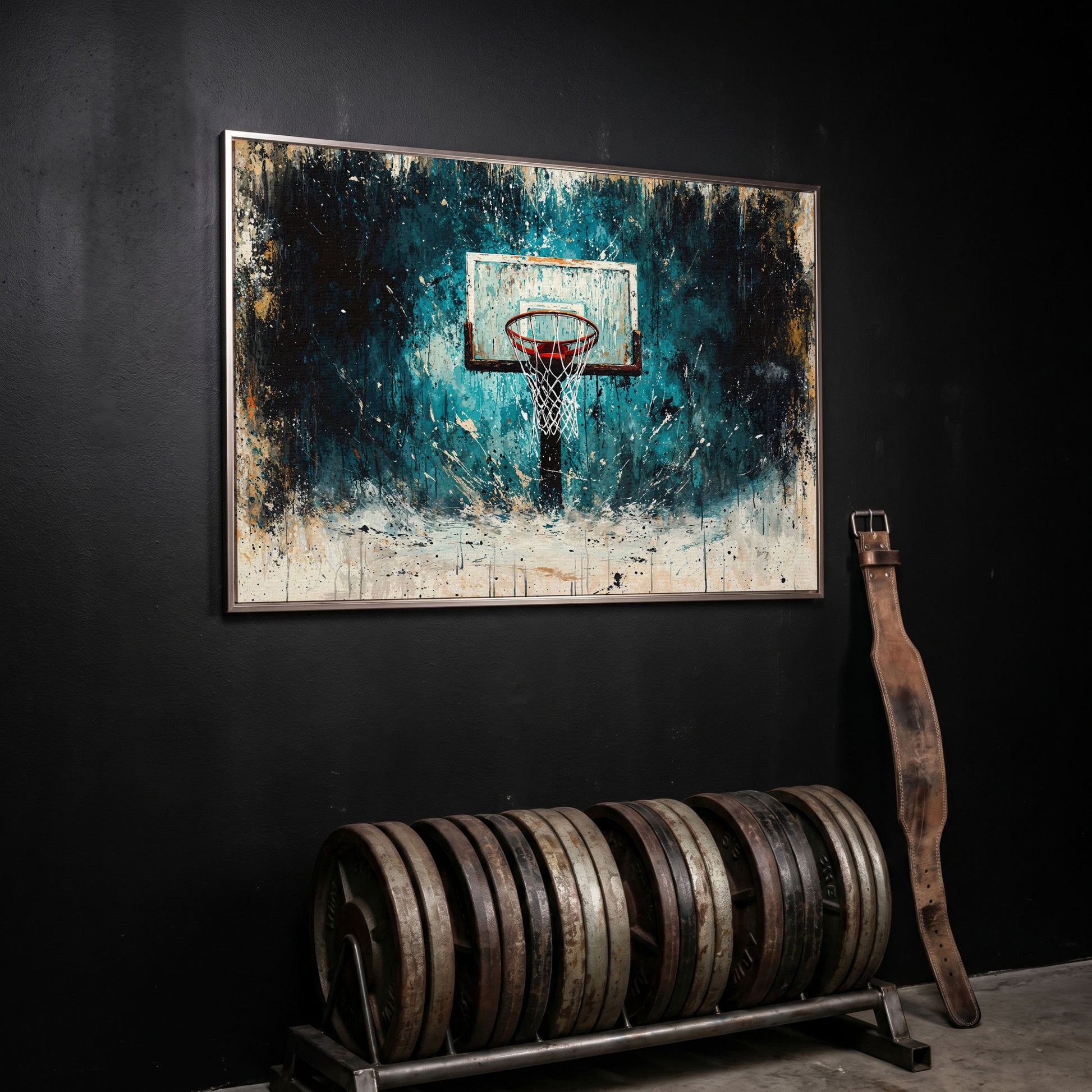 Basketball Hoop Splatter Canvas - Teal & Orange Sports Art in silver floating frame