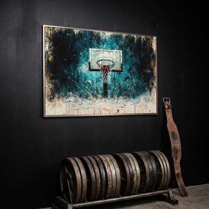 Basketball Hoop Splatter Canvas - Teal & Orange Sports Art in silver floating frame