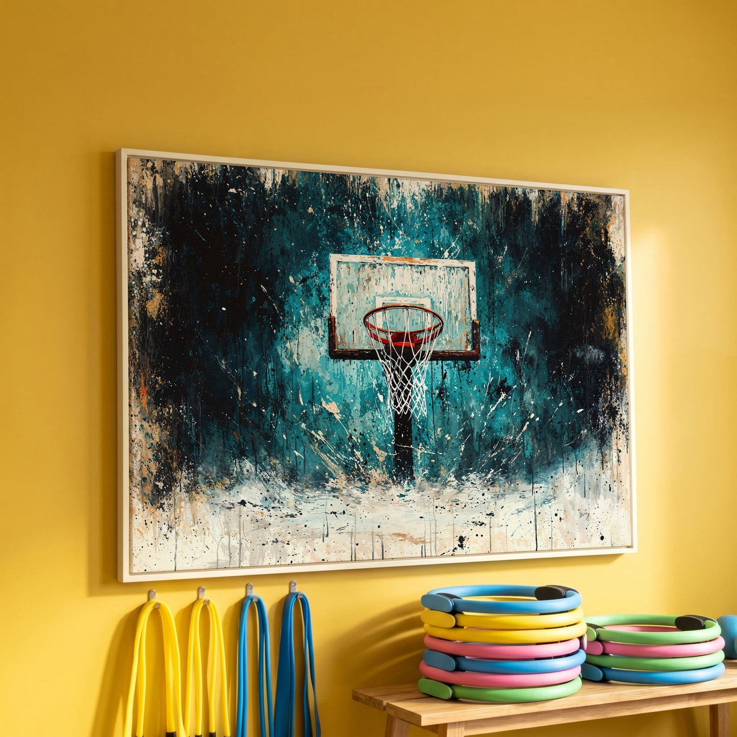 Basketball Hoop Splatter Canvas - Teal & Orange Sports Art in white floating frame