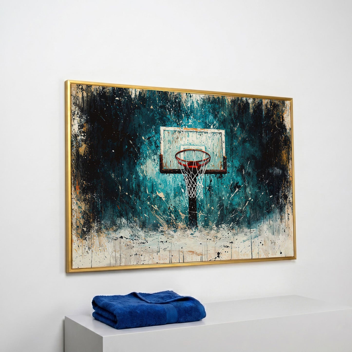 Basketball Hoop Splatter Canvas - Teal & Orange Sports Art in yellow gold floating frame