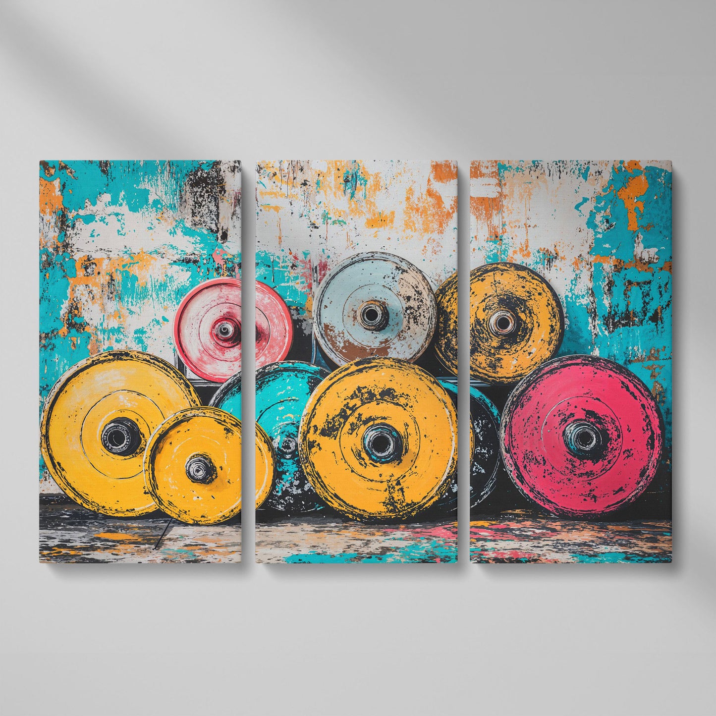 Colorful Barbell Weights Canvas Print for Gym Decor as 3-panel split version