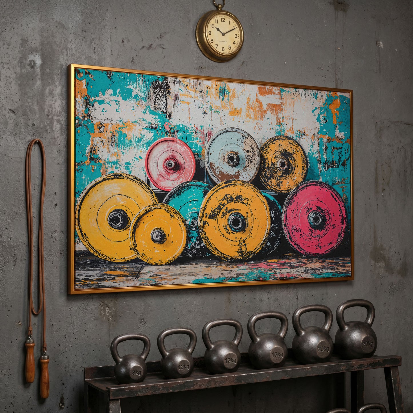 Colorful Barbell Weights Canvas Print for Gym Decor in antique gold floating frame