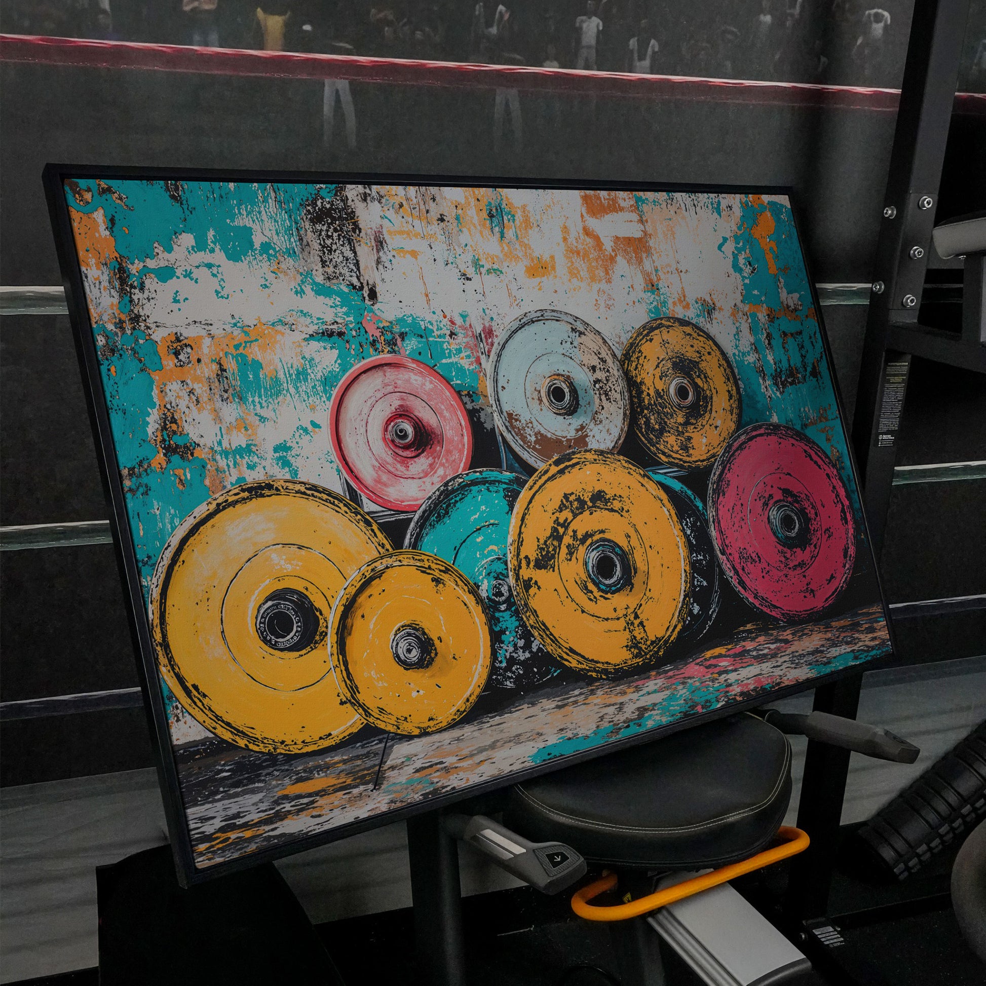 Colorful Barbell Weights Canvas Print for Gym Decor in black floating frame