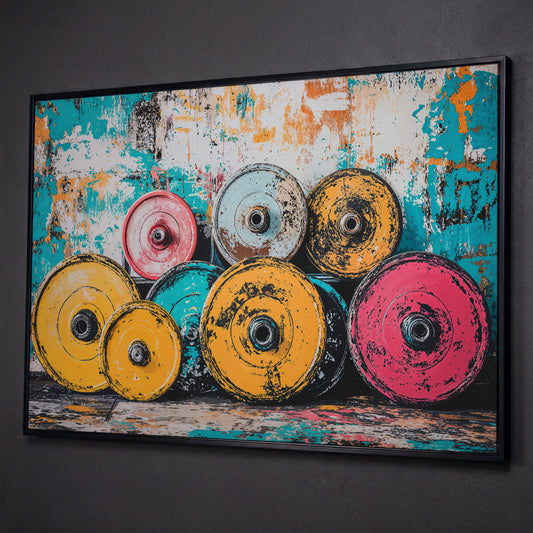 Colorful Barbell Weights Canvas Print for Gym Decor shown in black floating frame