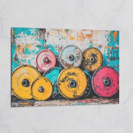 Colorful Barbell Weights Canvas Print for Gym Decor on gallery wrap
