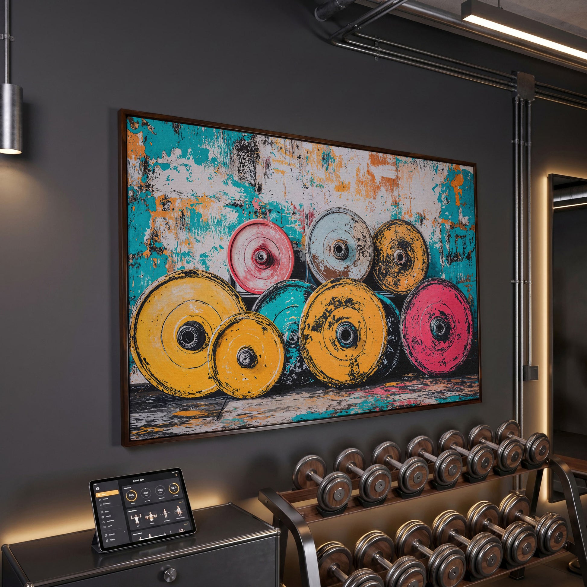 Colorful Barbell Weights Canvas Print for Gym Decor in dark walnut floating frame