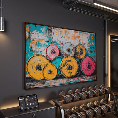 Colorful Barbell Weights Canvas Print for Gym Decor in dark walnut floating frame