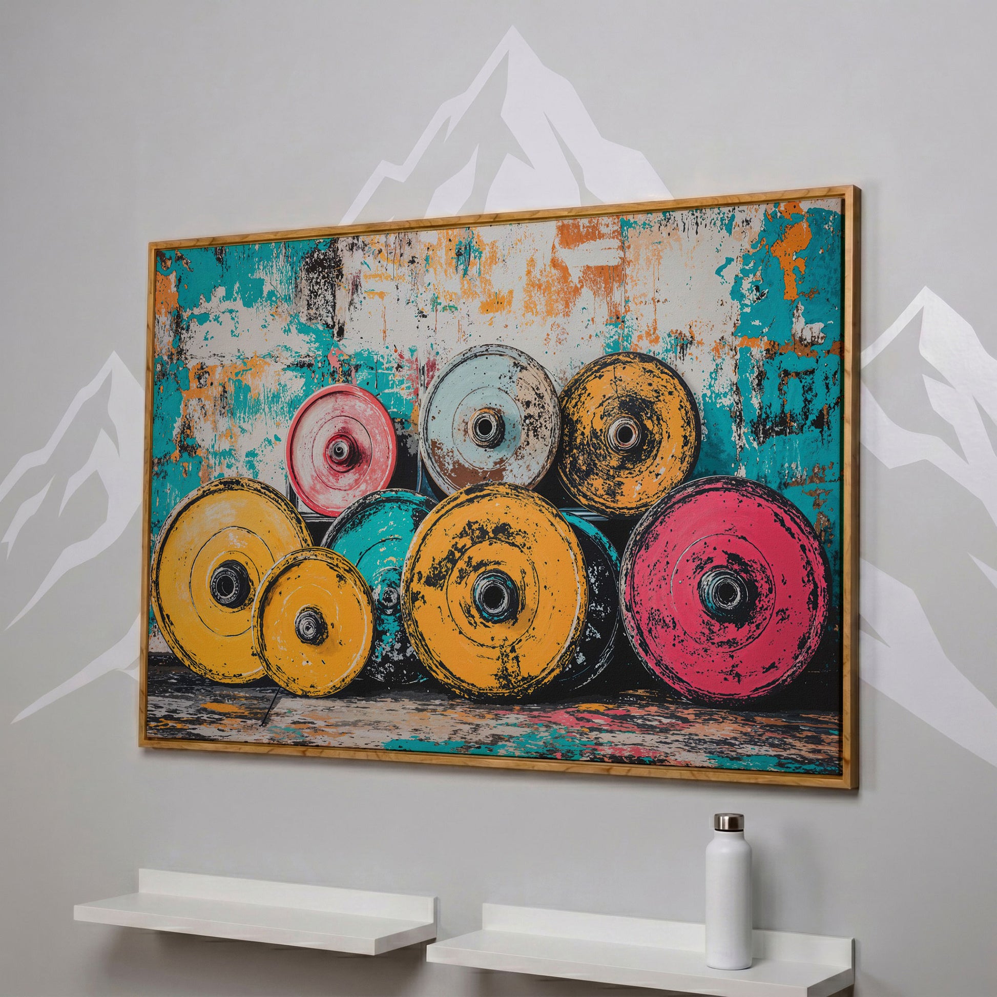 Colorful Barbell Weights Canvas Print for Gym Decor in white oak floating frame