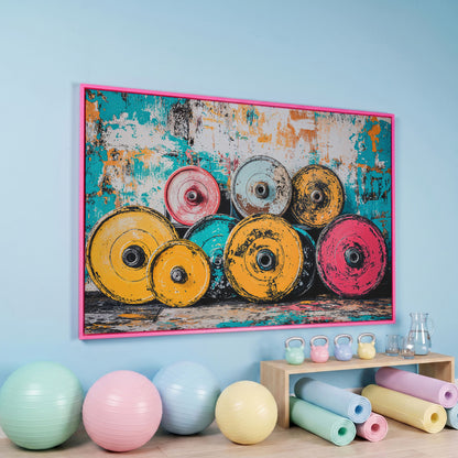 Colorful Barbell Weights Canvas Print for Gym Decor in pink floating frame