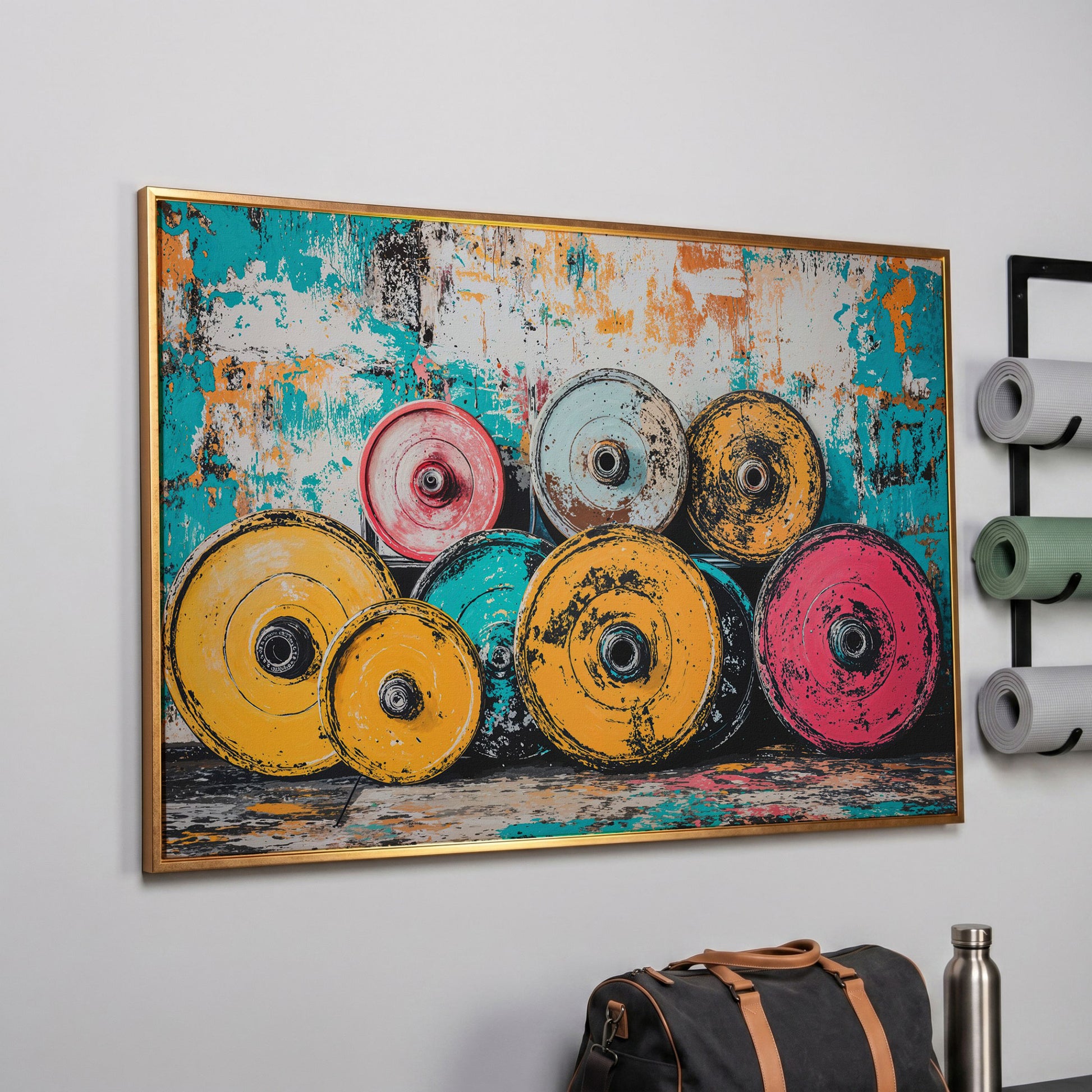 Colorful Barbell Weights Canvas Print for Gym Decor in rose gold floating frame