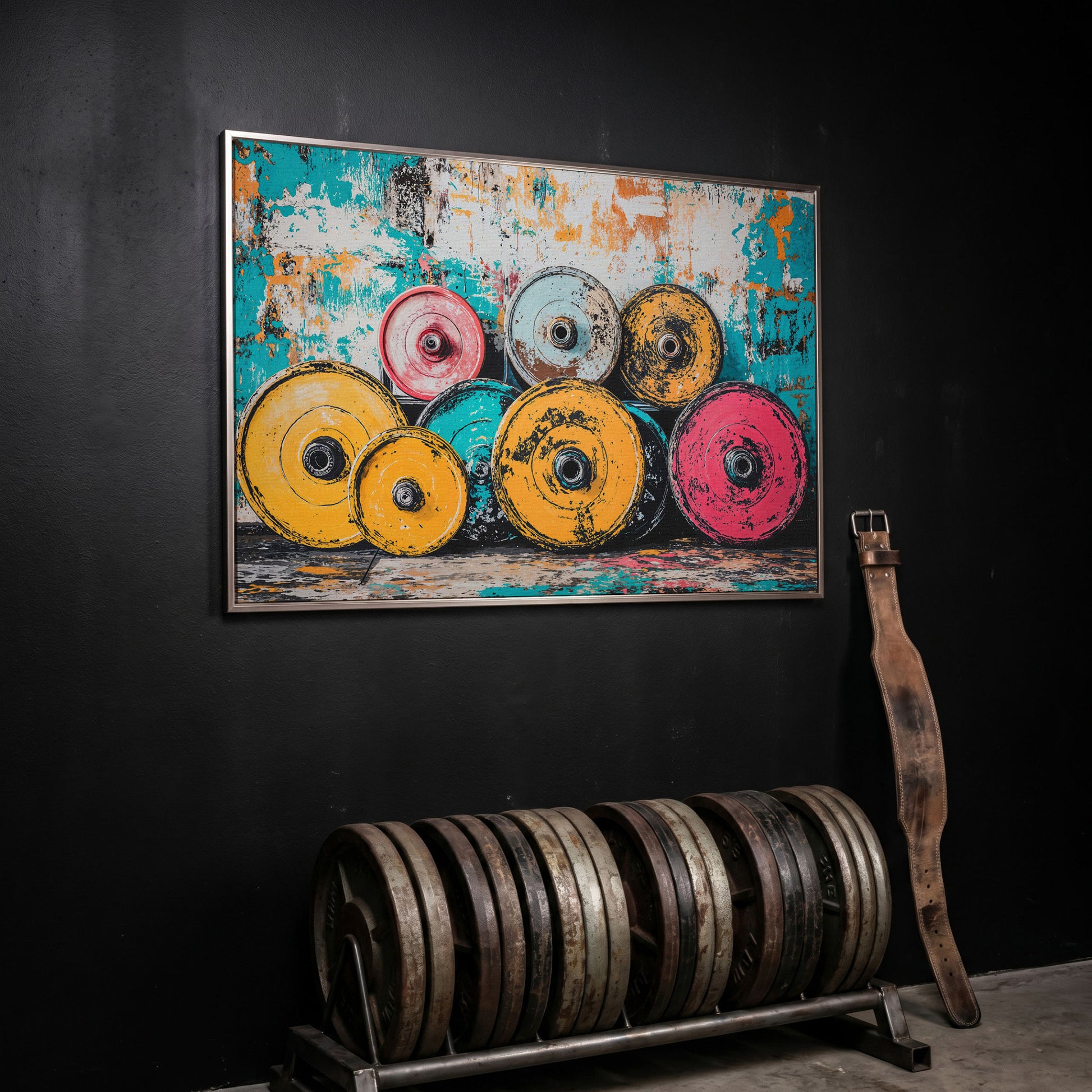 Colorful Barbell Weights Canvas Print for Gym Decor in silver floating frame