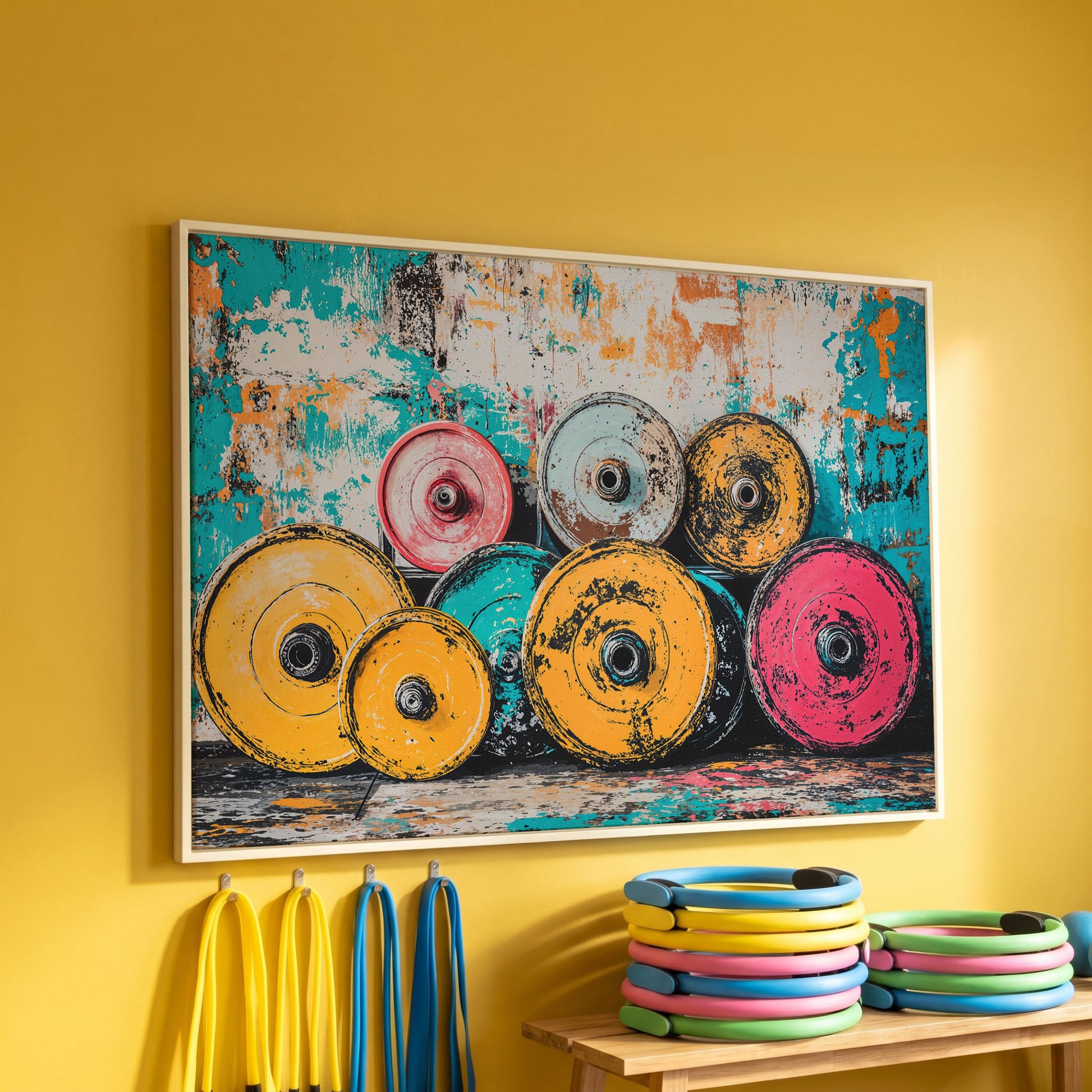 Colorful Barbell Weights Canvas Print for Gym Decor in white floating frame