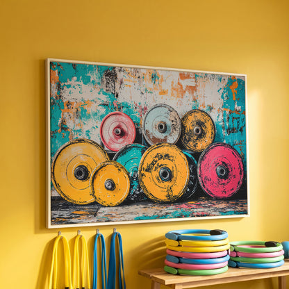 Colorful Barbell Weights Canvas Print for Gym Decor in white floating frame