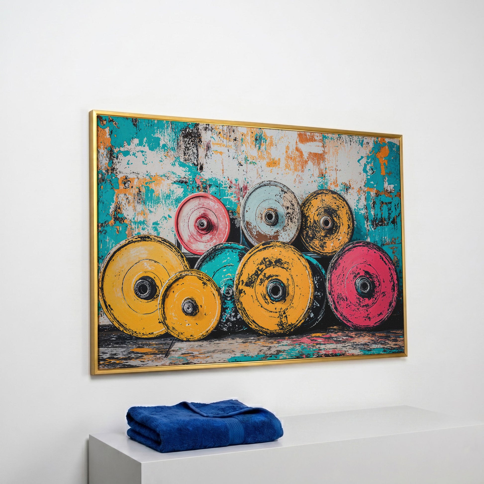 Colorful Barbell Weights Canvas Print for Gym Decor in yellow gold floating frame
