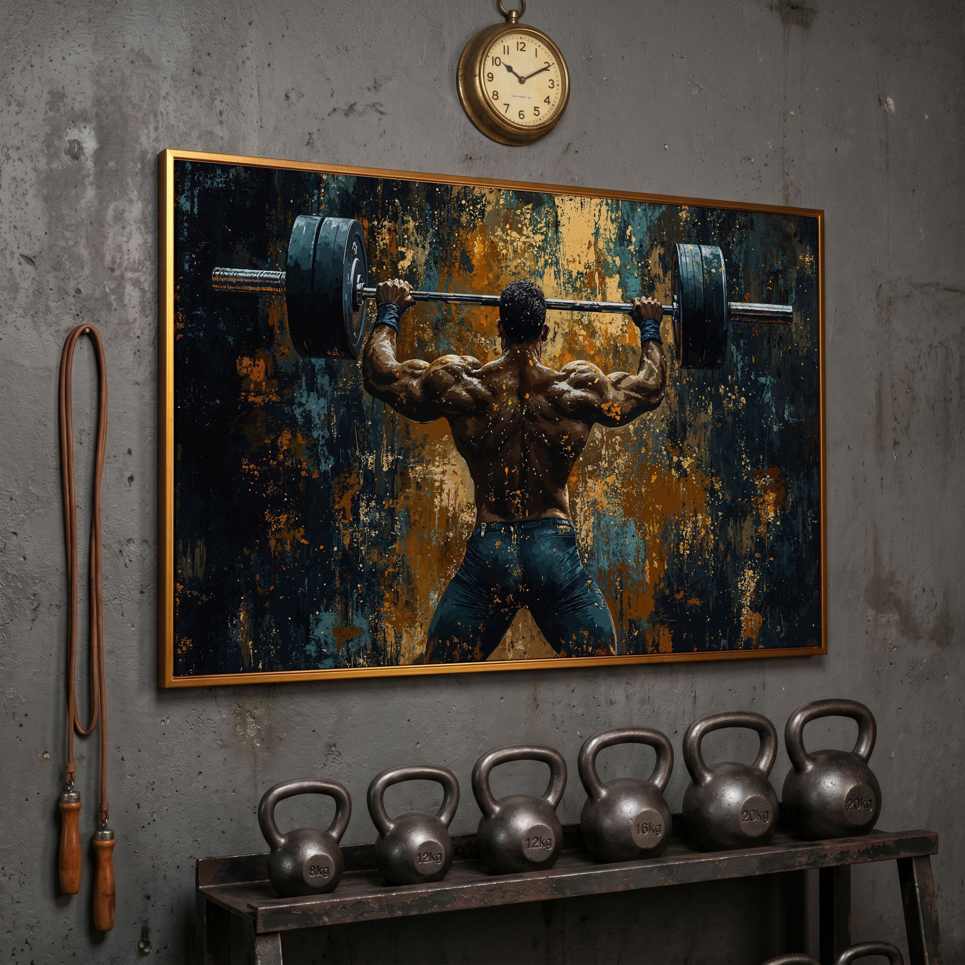 Weightlifter with Barbell Canvas Print in antique gold floating frame